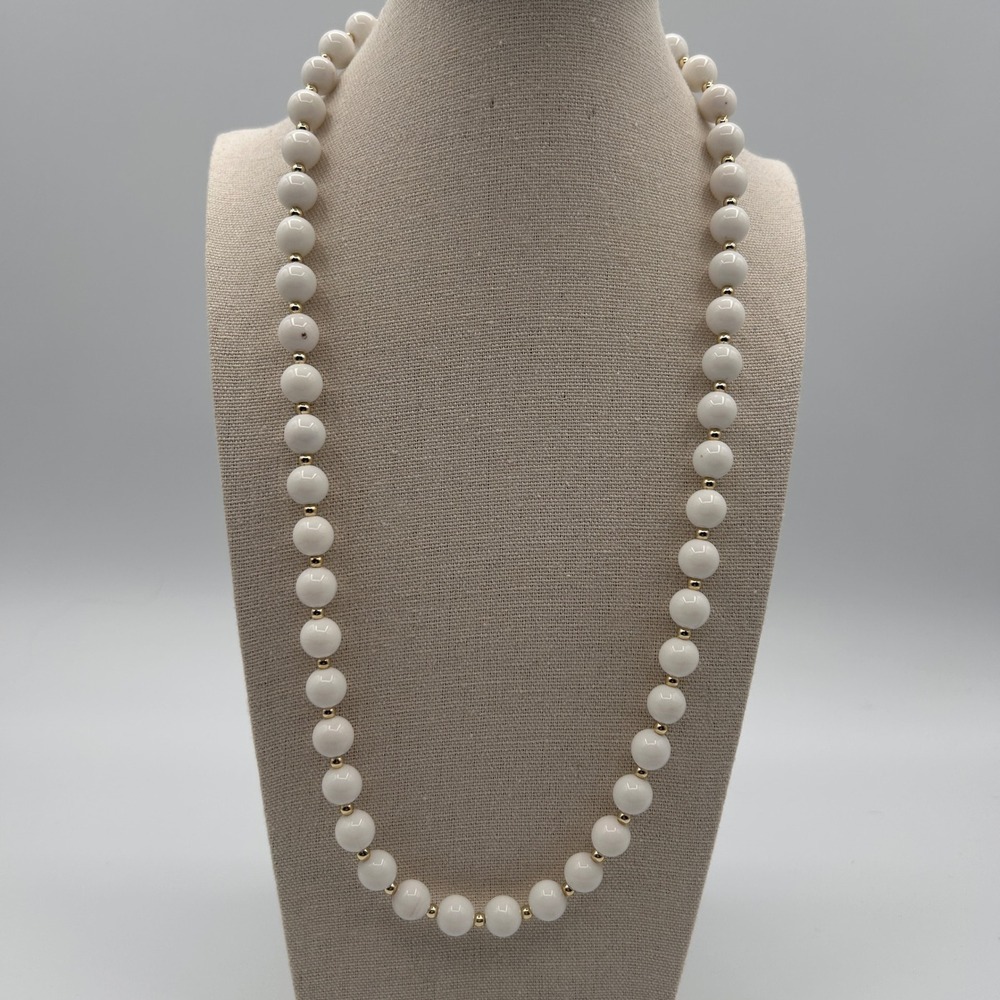 Vintage White Round Bead Necklace Gold Tone Spacer Beads Spring Ring Clasp 24"